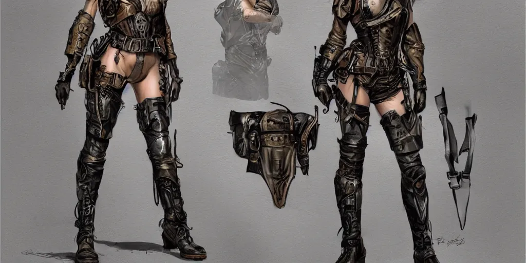 Image similar to portrait of halston sage as a tattooed armored wanderer pinup, wearing scratched and ripped leather shorts, wearing an aviator jacket, character sheet, fine details, concept design, contrast, kim jung gi, greg rutkowski, trending on artstation, 8 k, full body, turnaround, front view, back view, ultra wide angle