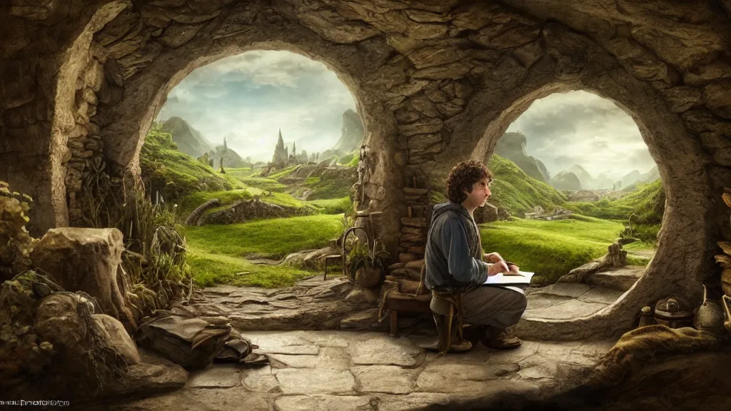 Prompt: frodo writing in his journal inside his hobbit hole bag end at the end of his journey, hobbiton visible through a window, by alan lee, michal karcz, smooth details, lord of the rings, game of thrones, smooth, detailed terrain, oil painting, trending artstation, concept art, fantasy matte painting, over the shoulder shot