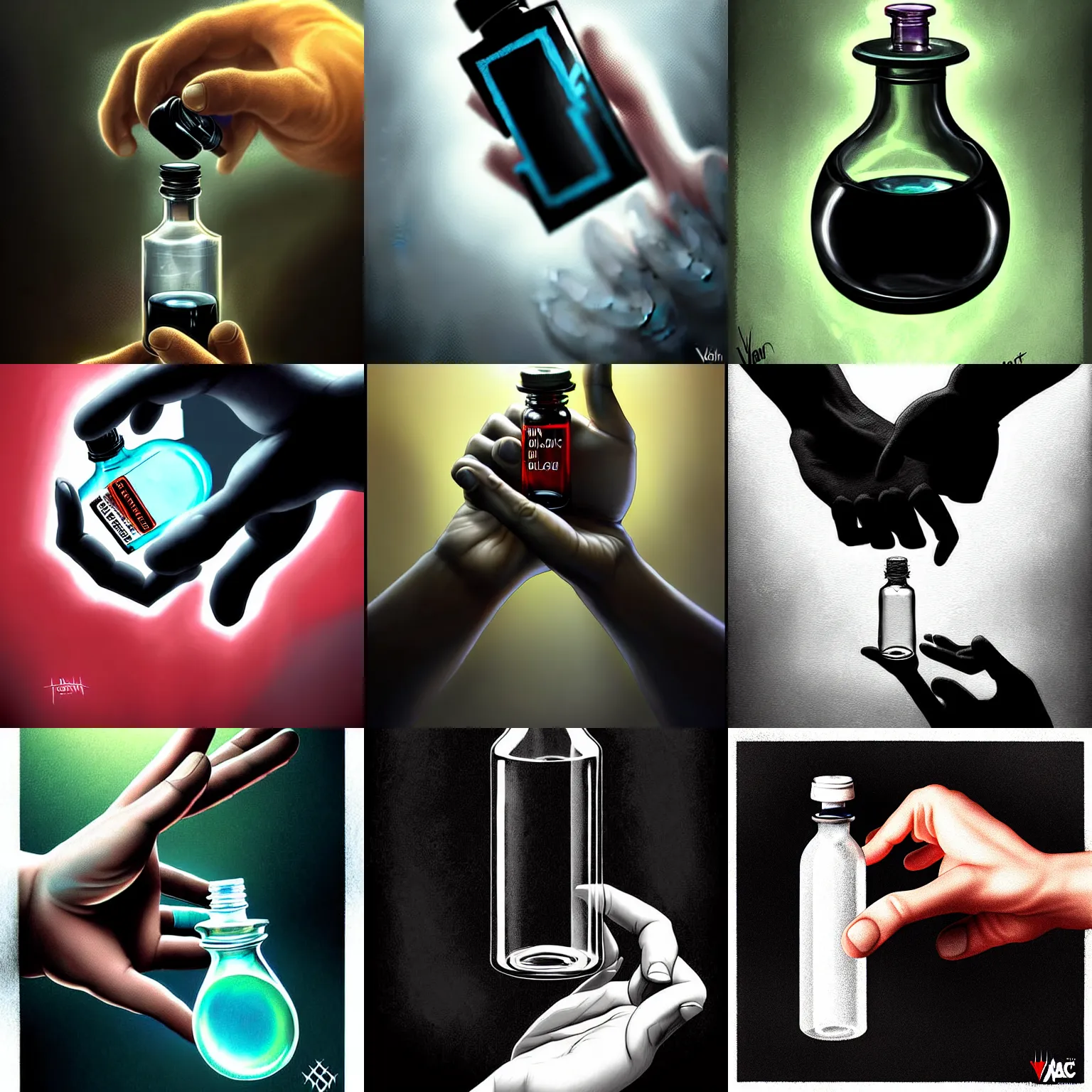 Image similar to detailed digital art of a normal hand holding a single tiny unlabeled clear medicine bottle half-full of mysterious black liquid; magic the gathering art by Volkan Baga, rk post, Lindsey Look, artstation