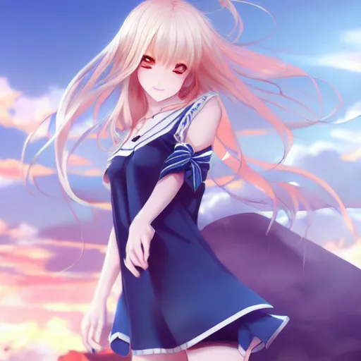 Image similar to a very beautiful anime cute girl, full body, long wavy blond hair, sky blue eyes, full round face, short smile, fancy top, miniskirt, front view, medium shot, mid-shot, highly detailed, cinematic wallpaper by Stanley Artgerm Lau