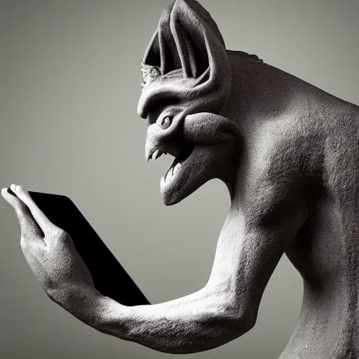 Image similar to a gargoyle using an ipad, happy expression