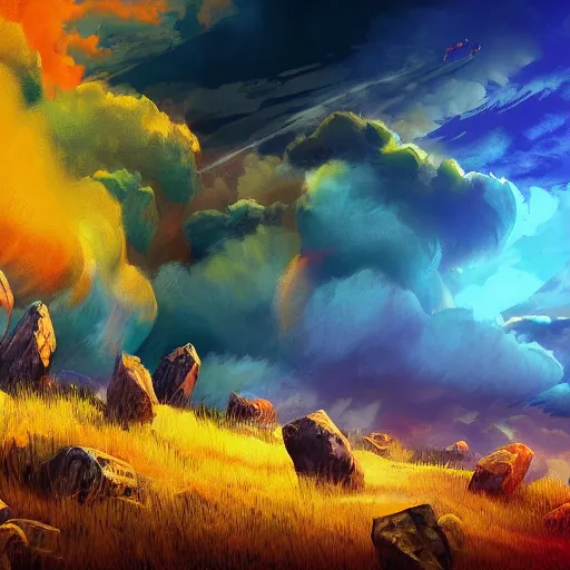 Prompt: rock music turning into wind, countryside, digital art, artstation, high detail, vibrant colors