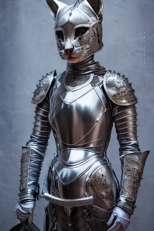 Image similar to female knight wearing a real cat on her head, armor designed by wayne barlowe, swarovski and tiffany, blonde hair, symmetry, sci - fi, cinematic, elegant, luxury, perfect light, perfect composition, dlsr photography, sharp focus, dark fantasy, 4 k, ultra hd, sense of awe, highly detailed, realistic, intricate