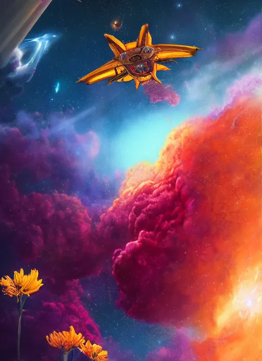 Image similar to An epic fantastic realism comic book style painting of the most beautiful flowers launched into space, bouquets, glorious nebula, nearby star, flowers blooming, fisheye lens, unreal 5, DAZ, hyperrealistic, octane render, dynamic lighting