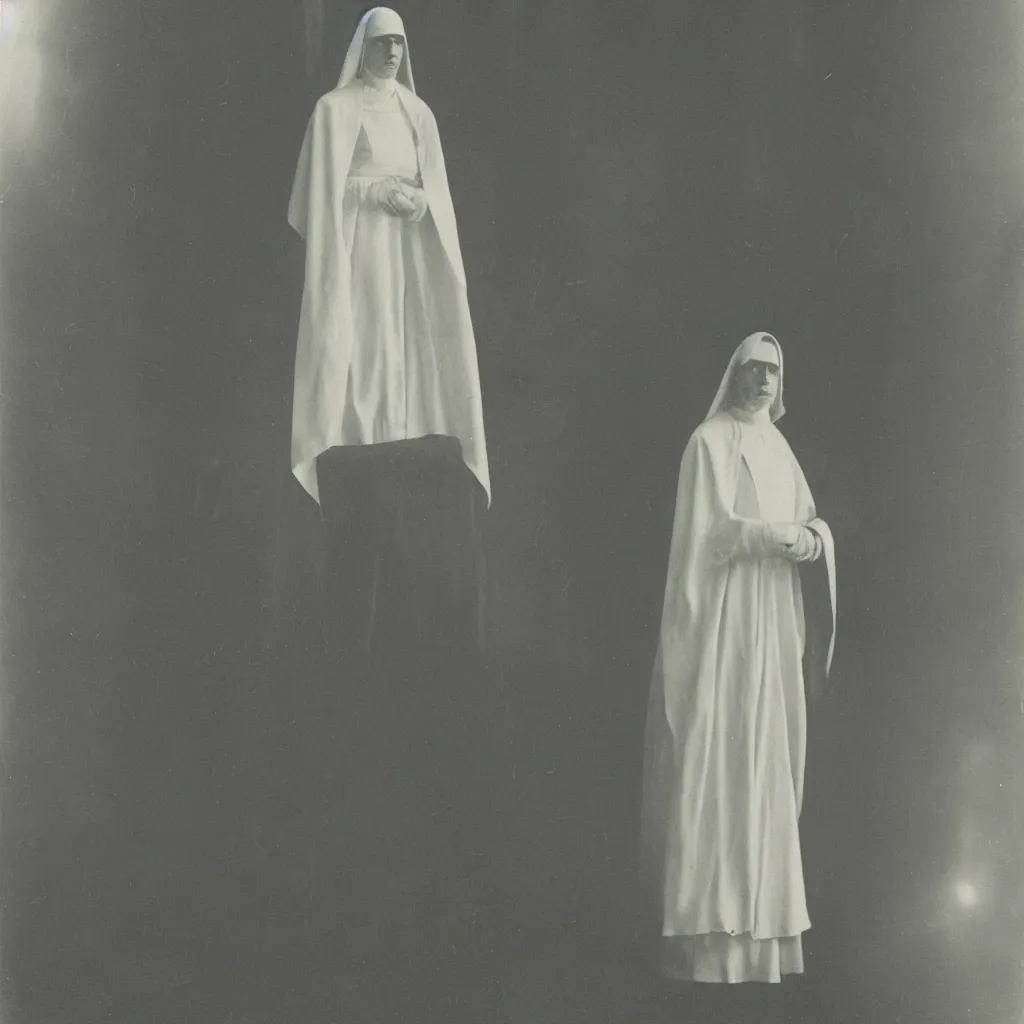 Image similar to old victorian era photograph of a very very tall mysterious nun, amazing depth, cinematic lighting.