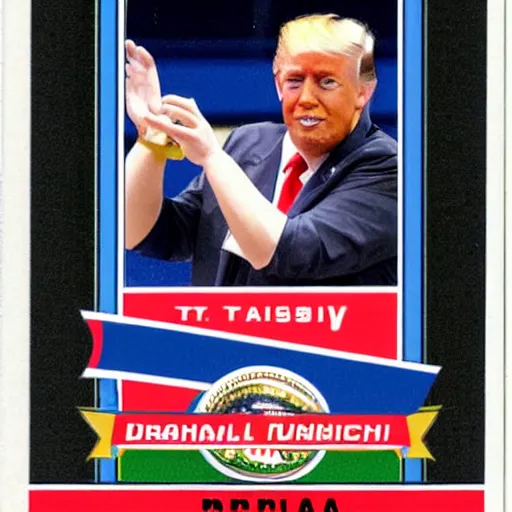 Prompt: baseball card of donald trump with team called american traitors with russia flag