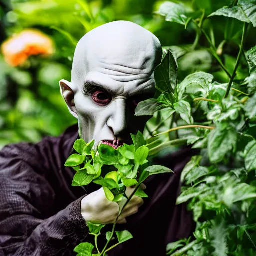 Image similar to portrait of nosferatu giving water to plants in the garden, realistic detailed photography, 5 0 mm lens