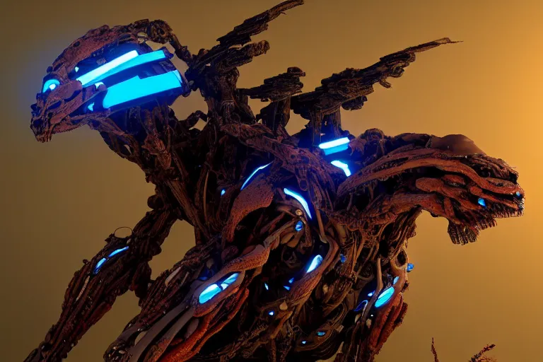 Image similar to portrait of a posed hyper detailed brown ultramarine burrower evangelion realistic mechanical and fleshy organic creature similar look as horizon forbidden west horizon zero dawn bioluminiscence in a dark deep forest at dawn in spring, with reflection and textures, by kilian eng, substance painter reaslitic mech surface metal painted scratches