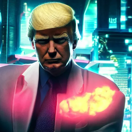 Image similar to donald trump as an evil cyborg in cyberpunk 2 0 7 7 and is the head of an evil corporation, technological, movie footage, high - tech, still frame