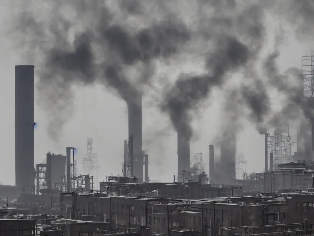 Image similar to industrial revolution buildings, smoke, towers