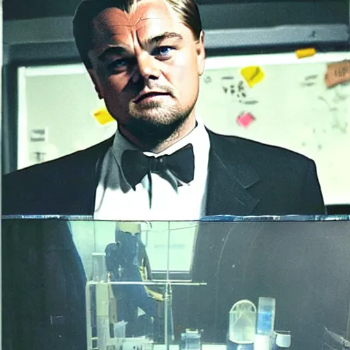 Image similar to sad Leonardo DiCaprio dressed in hev suit from half-life 2 in laboratory background, polaroid photo, very detailed