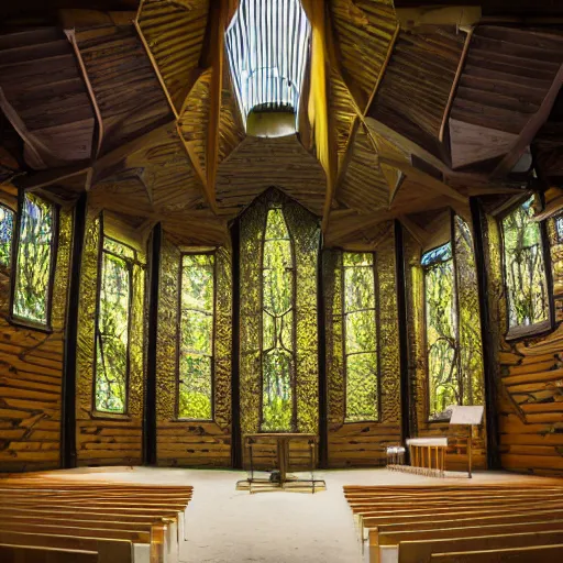 Image similar to solarpunk chapel building, high tech futuristic gothic, in nature with nothing else around, beautiful ambient lighting, forest and mountains and beams of light, realistic photo