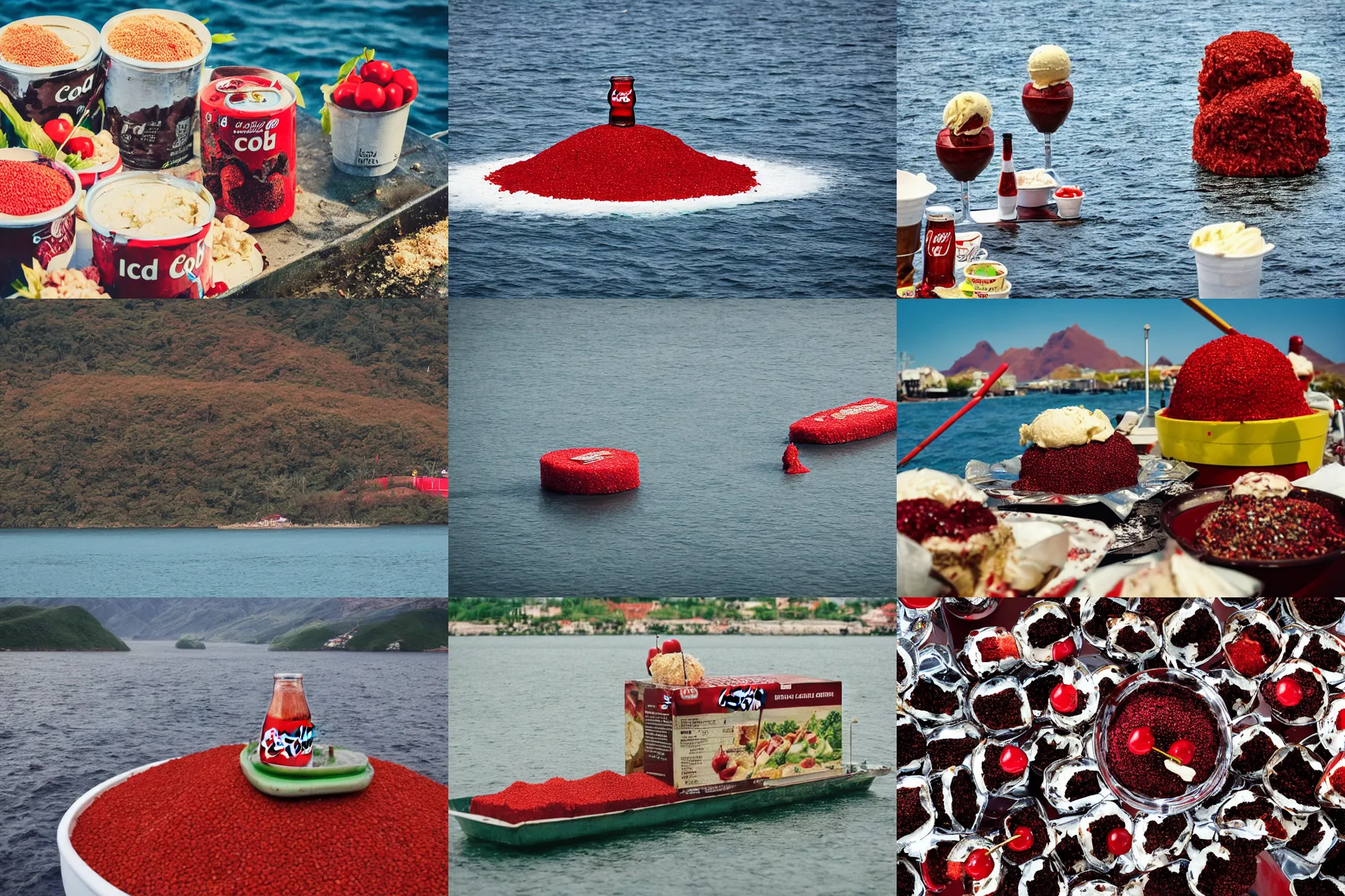 Image similar to an island made of food, around the island instead of water coca - cola ( dark brown ), instead of sand red caviar, instead of mountains ice cream with cherries, photo taken from a boat, 3 5 mm, cinematic
