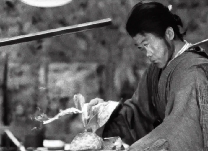 Image similar to a movie still of a samurai slicing a loaf of bread, a movie by Akira Kurosawa