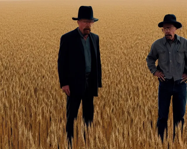 Image similar to extreme long shot of walter white wearing a black hat and gustavo fring standing facing each other from a distance in a wheat field, insanely detailed, low angle, side view, perfect angle, 8 5 mm photograph, 8 k resolution, wide shot, sharp lens, cinematic