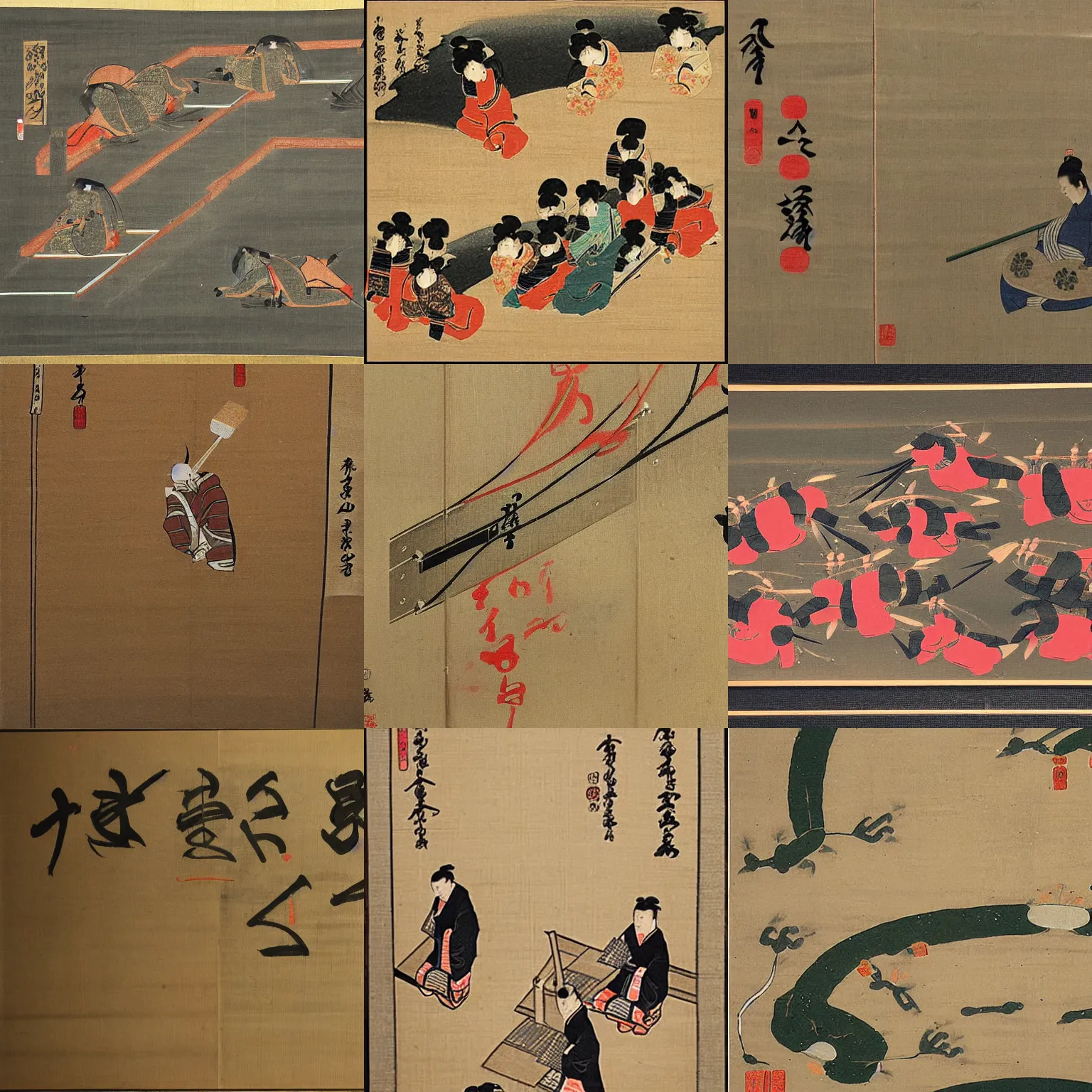 Prompt: ancient japanese painting of an electronic circuit board