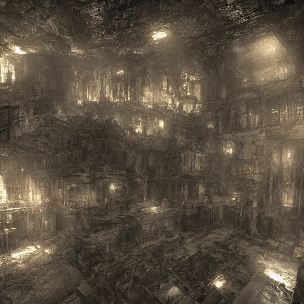 Image similar to interior mazelike architecture from quake, lovecraftian, liminal space, moody lighting, unreal engine 5, hyper detailed, hyper realistic