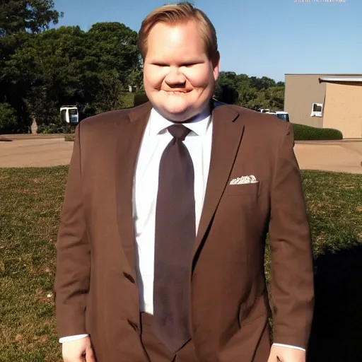 Prompt: Andy Richter is wearing a chocolate brown suit and necktie. Andy is standing outside in the bright sun. His face has an uncomfortable expression.