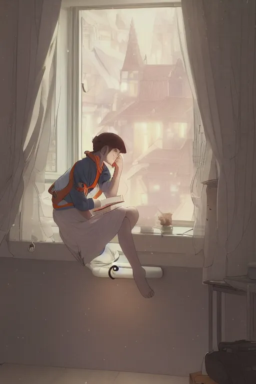 Image similar to a teenage girl with white short hair in a jk uniform outfit in the bedroom reading a book in a night, raining outside the window, grey and orange theme, by krenz cushart and mucha and akihito yoshida and greg rutkowski and makoto shinkai, 4 k resolution