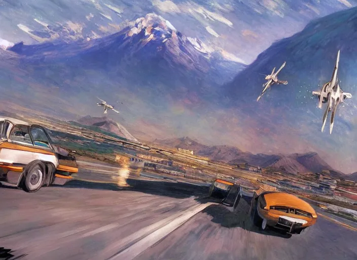 Image similar to illustration of a flying car crossing at full speed between buildings in santiago de chile with the andes mountain range in the background in a dystopian future by john berkey and monet