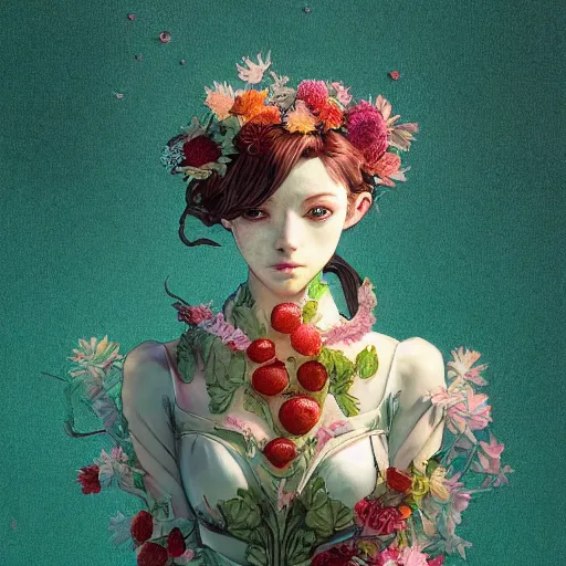 Image similar to the portrait of an absurdly beautiful, graceful, elegant, chaste, young woman made of strawberries and green petals, an ultrafine detailed illustration by kim jung gi, irakli nadar, intricate linework, bright colors, octopath traveler, final fantasy, angular, unreal engine 5 highly rendered, global illumination, radiant light, detailed and intricate environment