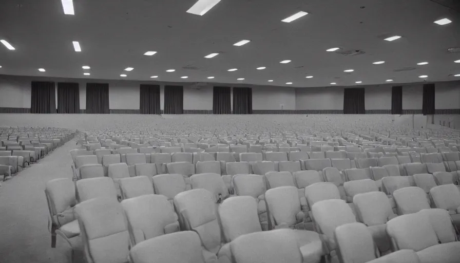 Image similar to 60s movie still of a sovietic stalinist style empty congress room, cinestill 800t 50mm eastmancolor, liminal Space style, heavy grain-s 150