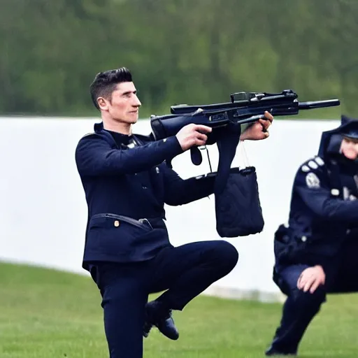 Image similar to robert lewandowski with a gun, fighting policemen