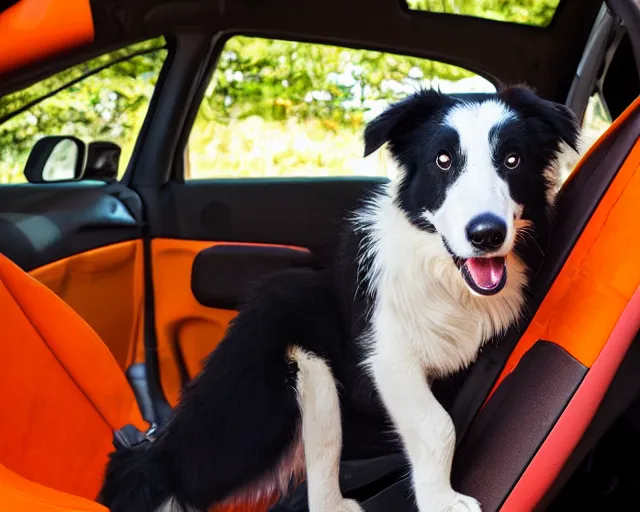 Image similar to border collie dog in the driver's seat of an orange nissan note, paws on wheel, car moving fast, rally driving photo, award winning photo, golden hour,