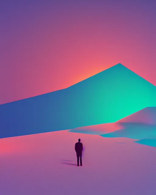 Image similar to a man standing in the middle of a mountain with a glowy neon triangle, a render by filip hodas, behance contest winner, environmental art, rendered in cinema 4 d, volumetric lighting