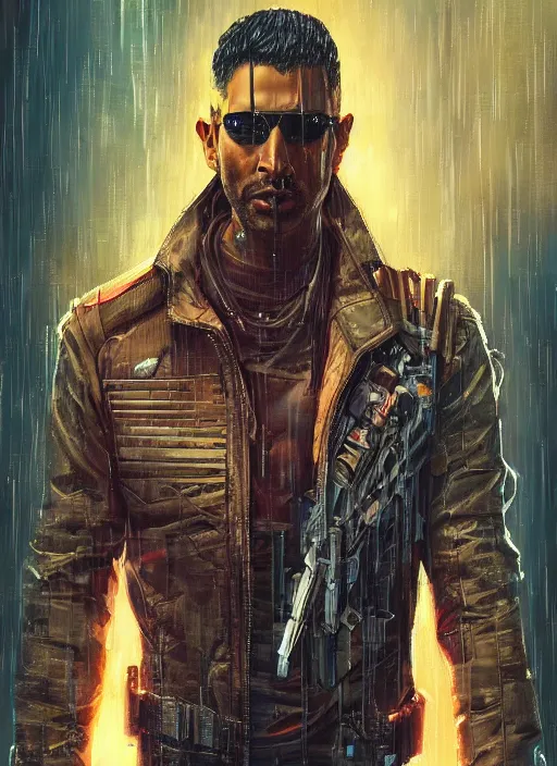 Image similar to cyberpunk military indian man ( blade runner 2 0 4 9, dystopian, cyberpunk 2 0 7 7 character design ), advanced warfare, attractive face. portrait by james gurney and laurie greasley and yoji shinkawa, oil on canvas. cinematic composition, hyper realism, realistic proportions, anatomy, dramatic lighting, photorealistic, high detail, 4 k