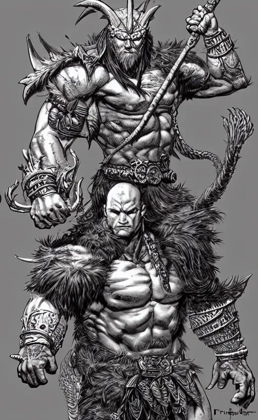 Prompt: fantasy dragonman barbarian, intricate, beautiful, highly detailed, elegant, artstation, concept art, smooth and sharp focus, illustration, by frank quietly, geoff darrow, jim lee