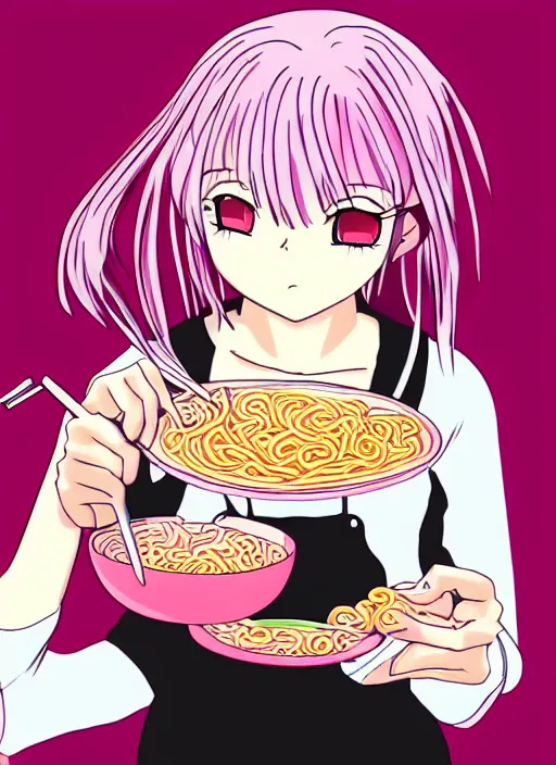 Prompt: anime girl with pink hair eating ramen noodles, black background, anime style