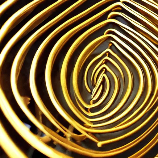 Image similar to 5 concentric arcs made out of gold arranged in a spiral