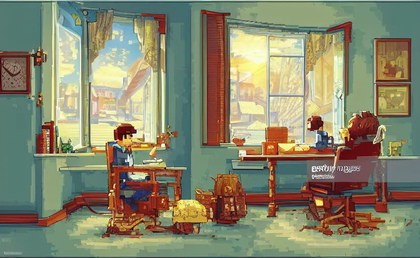 Image similar to Character sitting and relaxing in front of their work desk in their cozy room as a peaceful scene is seen through the room's window. Smooth Highly detailed masterpiece pixel-art. in the style of Close Highly detailed masterpiece professional artistry Sega, Namco, Neogeo, Capcom artist's Pixel-art. Trending on artstation. Slice-of-life genre art. Balanced colors and lighting scheme by James Gurney and artgerm. In the style of a 'Music to chill/study' to youtube video.