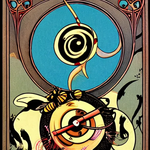 Image similar to a ritual spell with a bumblebee at the middle of a bullseye, fantasy illustration, art nouveau