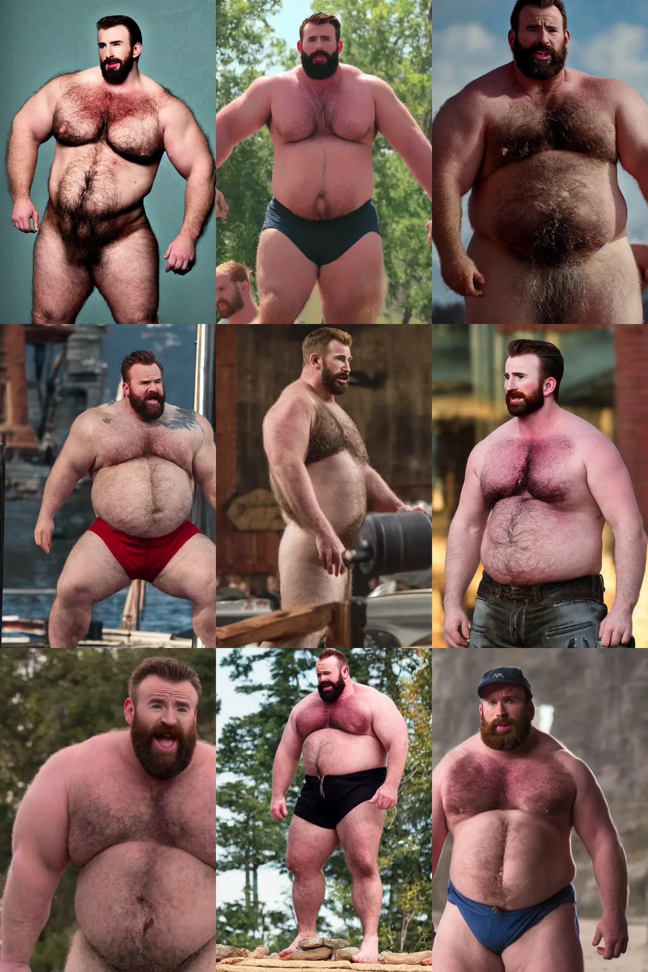 Prompt: chris evans as a burly padded chubby strongman, masculine, dad energy, hairy torso, 4 k hd