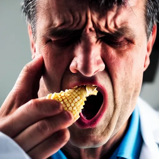 Image similar to extremely detailed portrait closeup of a doctor angrily yelling at a corncob, bloodshot teary eyes and immense anger