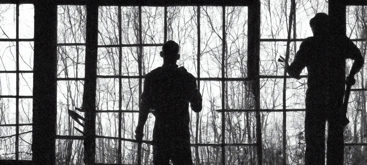 Prompt: Over the shoulder view of a concerned man looking out the window into the back yard where a silhouetted figure holding an axe stands in the distance, creepy, cinematic, award winning