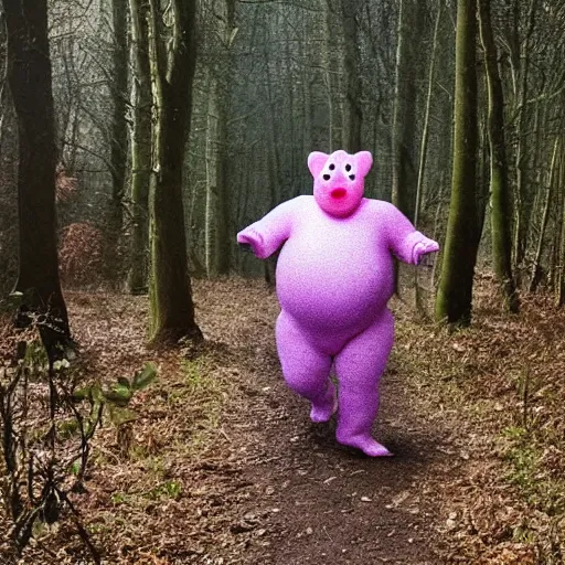 Image similar to photo of Mr Blobby chasing you through the woods