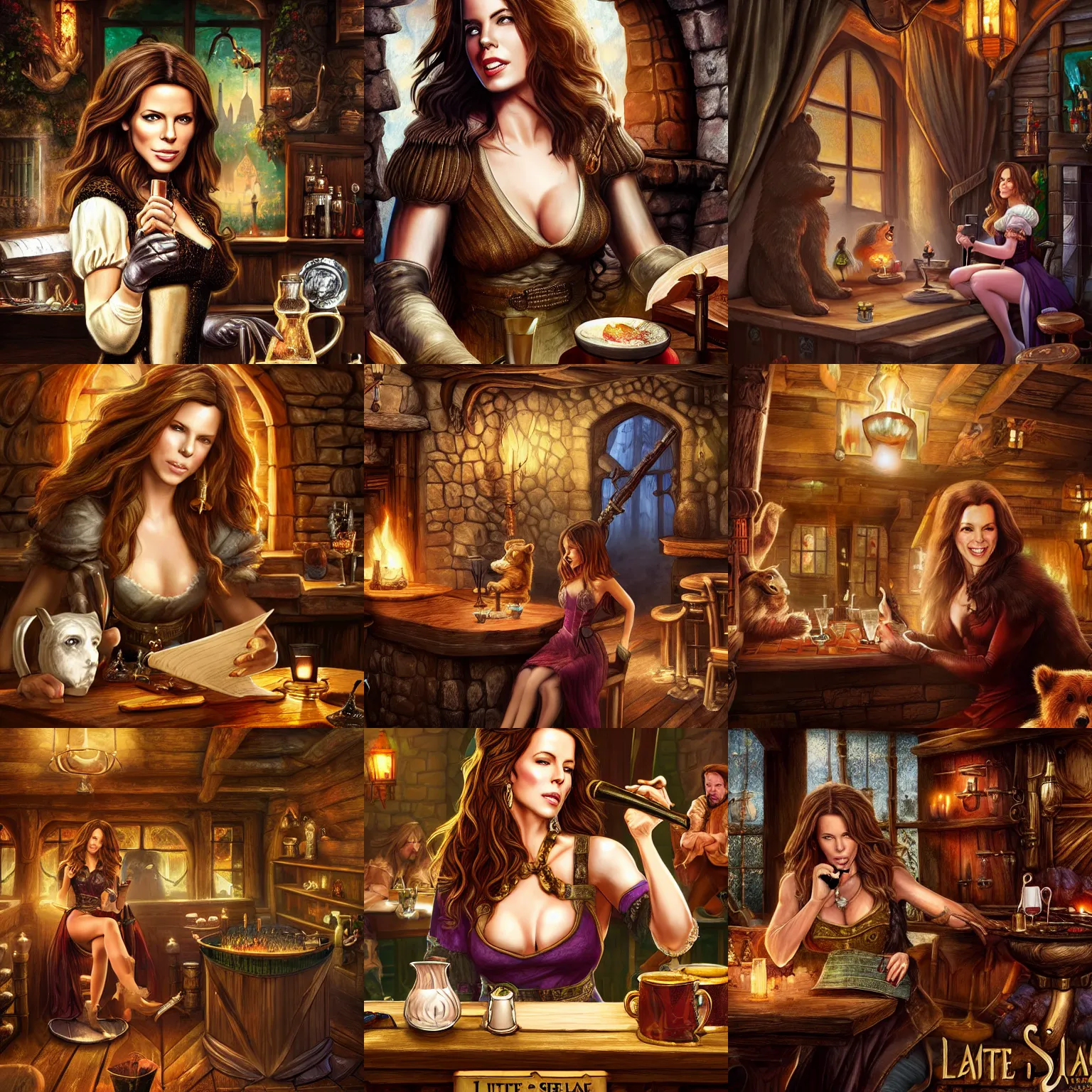 Prompt: kate beckinsale sing and play on lute, sit in fantasy tavern near fireplace, behind bar deck with bear mugs, medieval dnd, colorfull digital fantasy art, 4k