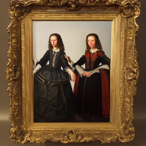 Prompt: oil portrait. two women in a vast castle lobby wearing fine clothes. dark room with light coming through the right side of the place. baroque style 1 6 5 6. high quality painting, no distortion on subject faces.