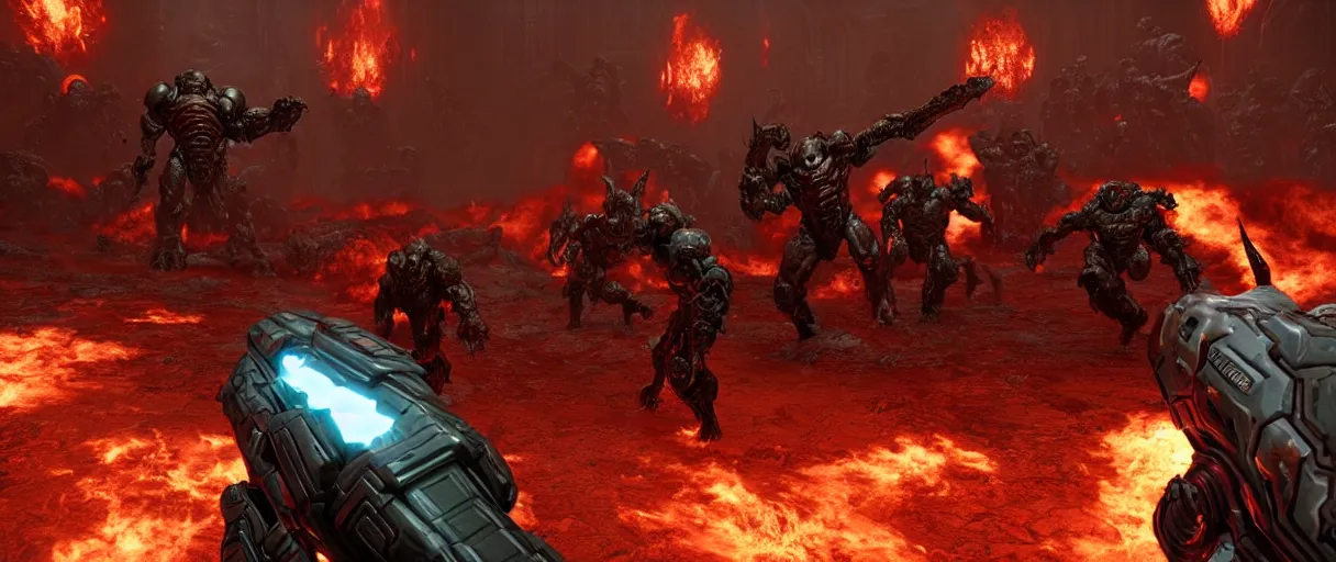 Image similar to doom slayer defeating hordes of demons and creatures on Urdak, wide shot, high detail, photorealistic, “doom eternal”, unreal engine