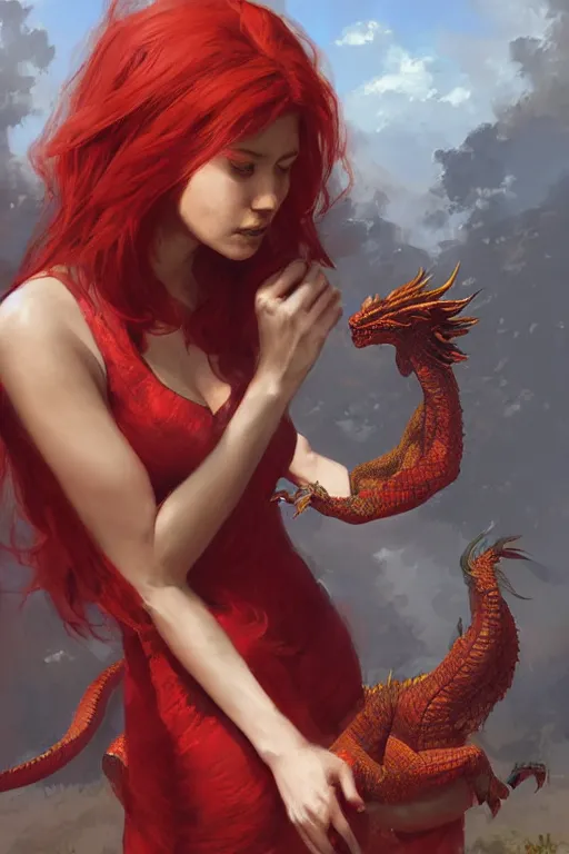 Image similar to Red hair woman in a sundress with a red dragon ,by Greg Rutkowski, Ruan Jia, Kentaro Miura, Artgerm