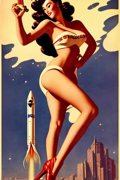 Prompt: beautiful megan fox retro space varga girl riding a rocket in a diesel punk city, windblown dark hair, retro pinup model, seductive, 1 9 4 0, glamour pose, intricate, smoke, hyper detailed, digital art, smooth, sharp focus, alberto vargas, gil elvgren, greg rutkowski, propaganda poster