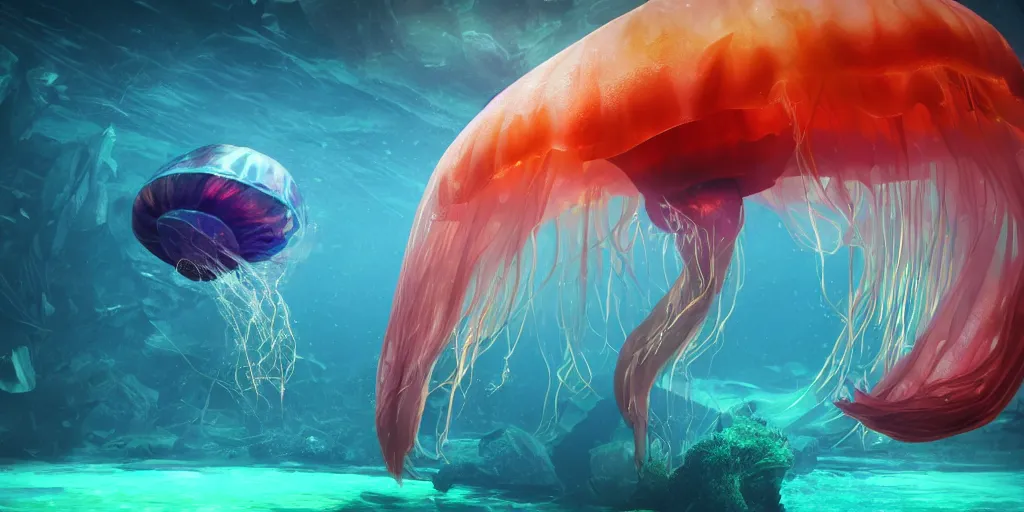 Image similar to underwater enviroment with a giant Rainbow Jellyfish.boss creature , unreal 5, hyperrealistic, realistic, photorealistic, dynamic lighting, highly detailed, cinematic landscape, studio landscape, studio lighting