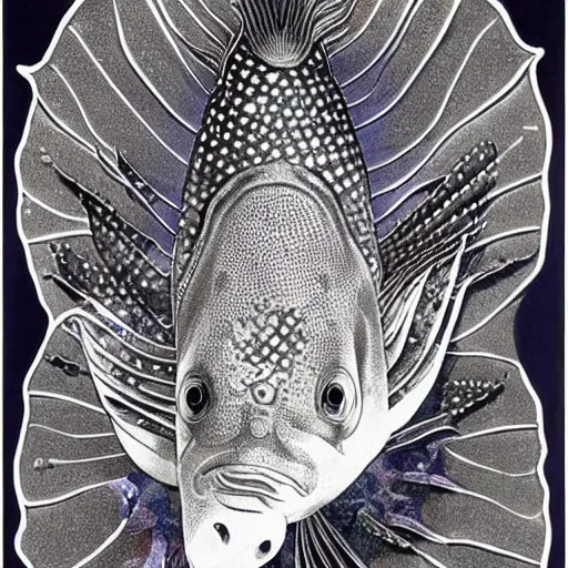 Prompt: a single fantasy deep sea fish that is heavily armored with osteoderms, it has disproportionately huge wide spined pectoral fins, on its head 6 large black eyes, and it's skin and fins have complex markings, it is swimming in a purple deep landscape with jagged rocks by alphonse mucha and brian froud