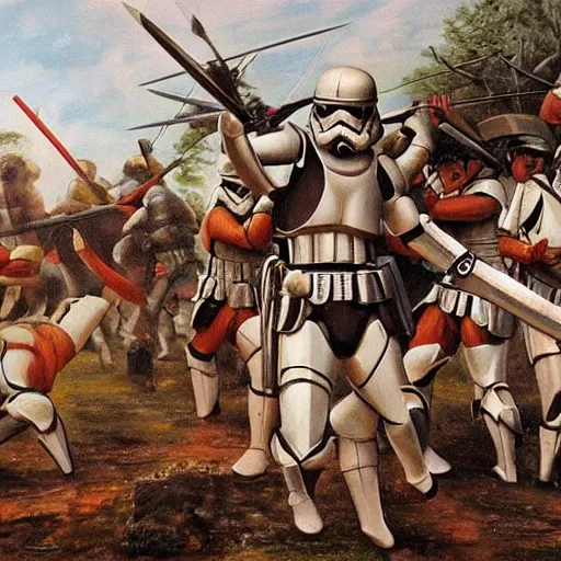 Prompt: roman soldiers in battle with stormtroopers