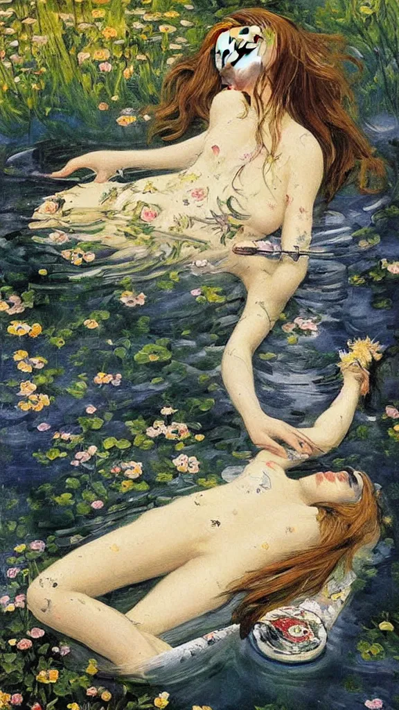 Prompt: prompt: one beautiful girl sleeping in the lake with shining face painted by Valentin Serov, detailed realistic face, Ophelia painting inspired, intricate detailed oil painting, alchemical artifacts and hieroglyphs, magical items, gnarly paint marks