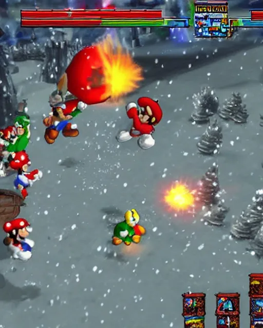 Image similar to Super mario in the world of Diablo, throwing fireballs, winter, blizzard