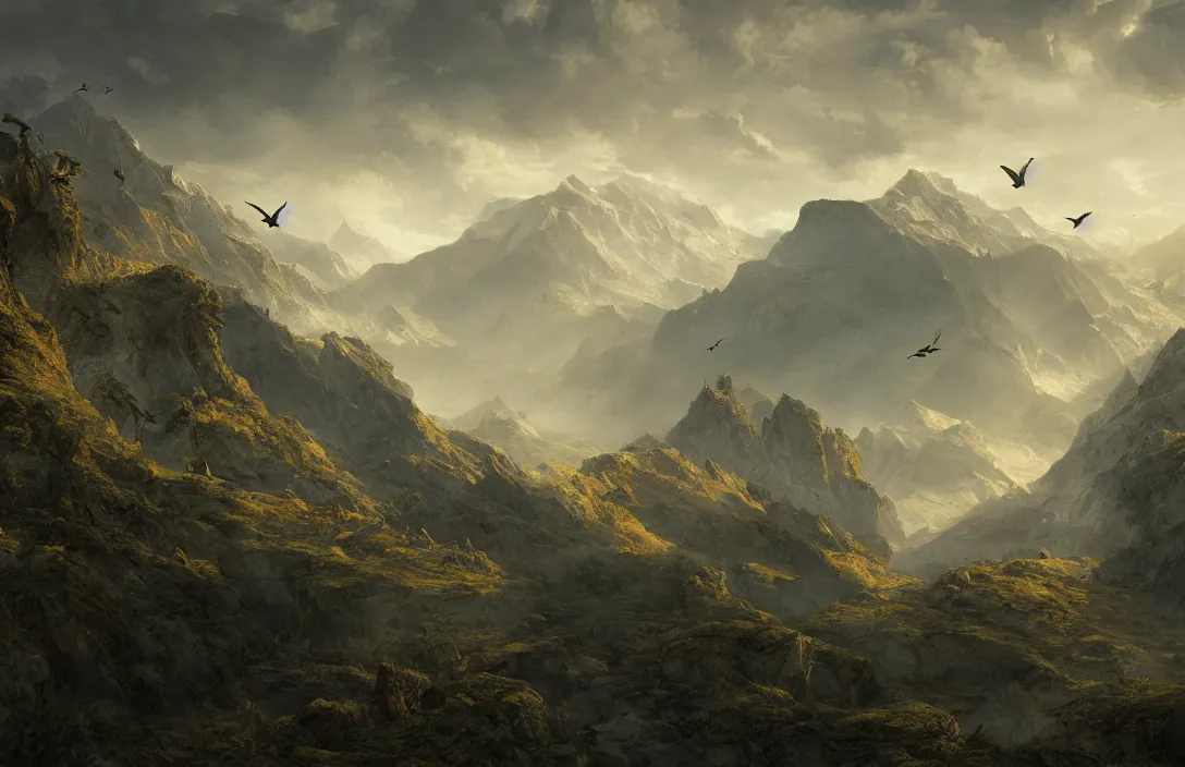 Image similar to a huge swiss landscape in the style of martin deschambault, nicolas bouvier, detailed dreamscape, hyperreal phantastic, intricate details in environment, golden ratio, high aestehtic, cinematic light dramatic light, lightrays, flying birds in distance, photobash, hyperreal 4 k